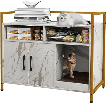 GOPLUS Meuble Litiere Chat, 89 x 45 x 74,5 CM, Maison de Toilette Chat avec 2 Portes, 2 Compartiments Ouvertes, Plateau Grand, Cadre en Acier avec Griffoir pour Chats, Idéal pour Intérieur, Marbre