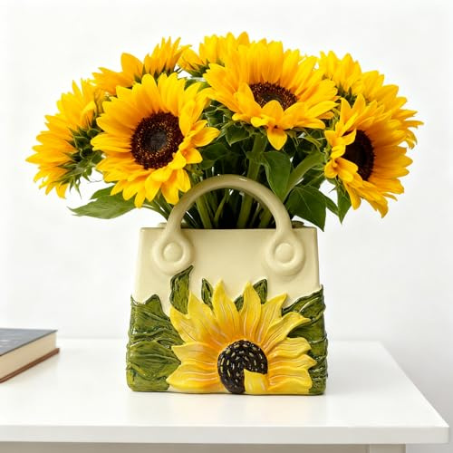 Sunflower Vases for Flowers, Purse Shaped Handbag Flower Vase | Cute Bags Plant Pots for Indoor Home Decoration, Room Ornaments, Desk Organiser and Gifts for Women