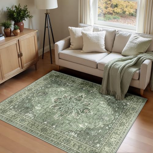 INOVADAY Teppich Wohnzimmer Waschbar 120x180 cm Retro Grün/Dunkelgrün/Grau | Teppich Schlafzimmer, Vintage Teppich Waschbar, Esszimmer, Büro, Kurzflor Rutschfest, Boho, Retro, Weich, OEKO, Gedruckte
