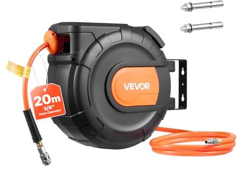 VEVOR Carrete de Manguera de Aire Retráctil 20 m x 9,5 mm, Manguera para Compresor de Aire Presión Máxima de 300 PSI, con Entrada de 2 m, Montaje en Techo o Pared Giratorio de 180°, para Garaje