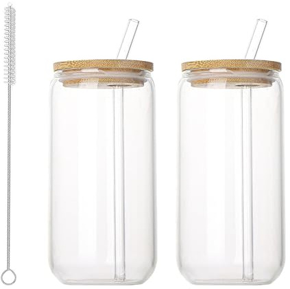 Aesthetic Vaso, 2 Vaso de Vidrio con de Arco 500 ml, Taza de Café Helado en Forma de Lata, Vasos de Cristal, con Cepillo de Limpieza, pare Café, Batidos, Jugo, Té, Cóctel, Smoothies (Transparente)