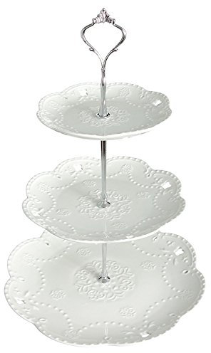 YBK Tech Plat de service à gâteaux avec assiettes en porcelaine sur 3 étages Blanc Silver Rod