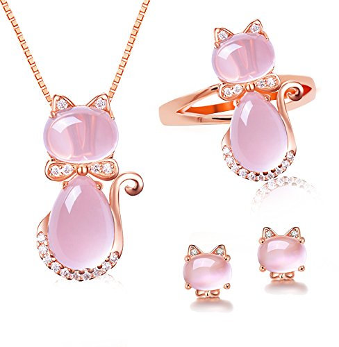Uloveido Rosa Katze Ohrringe Ring und Halskette Anhänger Schmuck-Set für Mädchen Frauen Birhtday Geschenk, Rose Gold überzogene Frauen Jubiläum Schmuck Set Y427