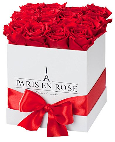 PARIS EN ROSE Rosenbox ECKIG | mit 12 roten Infinity Rosen Größe XL | eckige, weiße Box mit Schleife | ewige Rose | 3 Jahre haltbar | Grußkarte