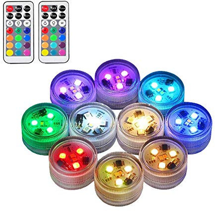 10pcs Submersible LED Lights 100% Waterproof CR2450 Mood Light Underwater Lights Battery Powered with IR Remote Control for Vase Fishtank Wedding Halloween Christmas