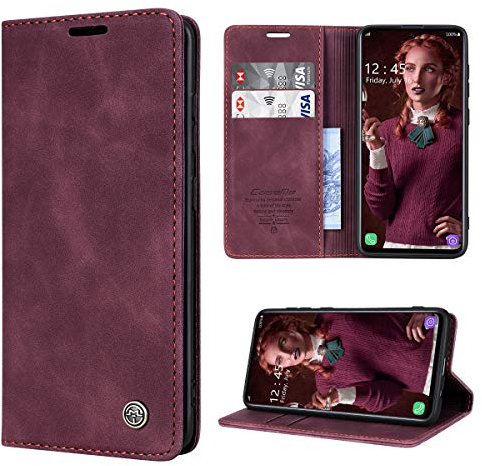 RuiPower Handyhülle für Samsung Galaxy A71 Hülle Premium PU Leder Flip Wallet Case Klapphülle Klappbar Lederhulle Stoßfest Silikon Bumper Schutzhülle Tasche für Samsung Galaxy A71 4G - Wein Rot