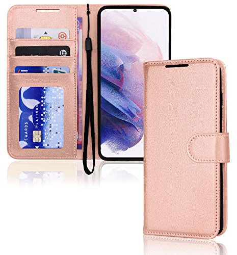 TECHGEAR Galaxy S21 Plus Leather Wallet Case, Flip Protective Case Cover with Wallet Card Holder, Stand and Wrist Strap - Rose Gold PU Leather with Magnetic Closure Designed For Samsung S21+ / S21+ 5G