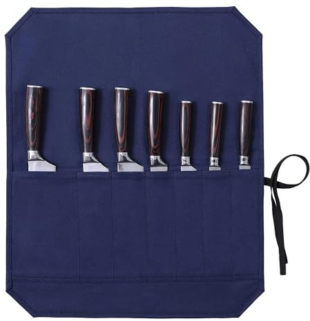 Waxed Canvas Knife Roll Bag with 7 Slots for Knives & Cutlery, Kitchen Knife Organizer, Blue