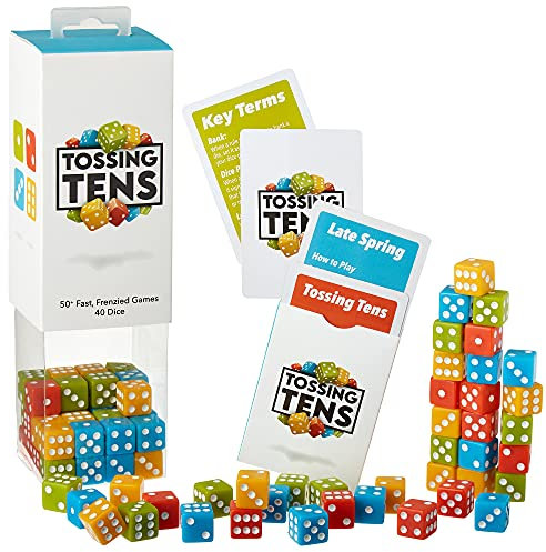 Tossing Tens – 50+ schnelle, verspielte Würfelspiele und 40 bunte Würfel – inklusive Deck einzigartiger Würfelaktivitäten für Spielabend, 1–4 Spieler, schnelle Spielzeit, Mathematikspiele, Zählen