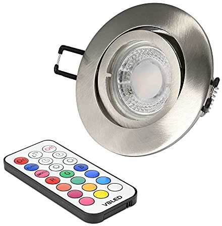 VBLED® Einbaustrahler Set mit 7W RGB+W Spot Leuchtmittel,12V AC/DC, MR16/GU5.3 Fassung Dimmbar inkl. Fernbedienung und Einbaurahmen in silber Optik gebürstet rund schwenkbar…