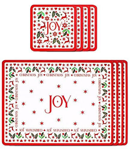 Harvey & Mason Christmas Coasters And Placemats Set Festive White And Red Design Set Of 4 Xmas Party Joy