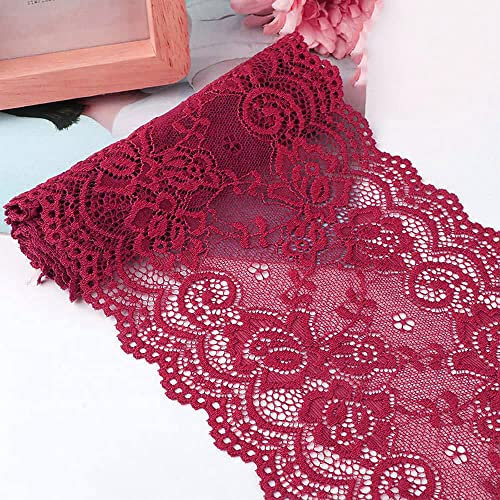 15cm x 5m Elastizität Spitzenband Spitzenbordüre Spitzenborte Zierband Dekoband Spitzen Borten Bänder zum Nähen,DIY Basteln,Deko für Kleidung Unterwäsche Dessous Hochzeitskleid Tischdeko,Weinrot