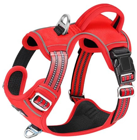 Eyein Hundegeschirr für Große Hunde, Anti Zug Brustgeschirr mit 2 Leinenclips und leicht zu bedienendem Griff, Verstellbare und reflektierende Gepolstert Geschirr für tägliches Training (Rot, L)