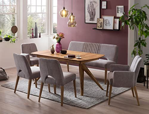 expendio Tischgruppe Ausziehtisch Ando XL 160(210) x90 cm Eiche rustikal massiv + Bank Stühle Sessel Naomi Bezug Kombi EC Cloud Gray