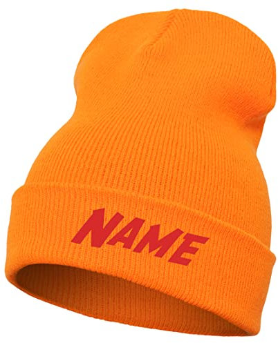 Schnoschi Orange Strickmütze mit breitem Umschlag (Beanie Mütze) mit Namen Bestickt für Herren, Damen, Jugendliche und Kinder