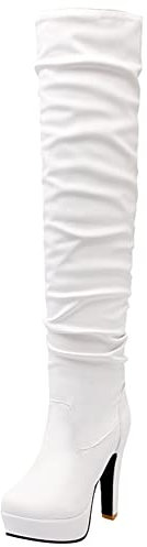 Lroey Reoly Stivali da Donna Sopra Il Ginocchio con Tacco Largo, Stivali Morbidi Tacco Alto Punta Rotonda Boots Senza Chiusura Plateau 118 Bianco Numero 36 EU
