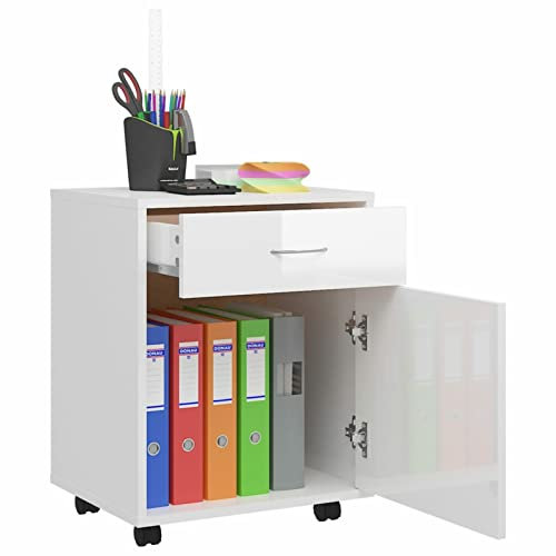 Tidyard Rollschrank Rollcontainer Schreibtisch Aktenschrank Druckertisch mit Rollen Bürocontainer Bürowagen Beistellwagen Ablage Büroschrank Beistelltisch Schrank Hochglanz-Weiß 45x38x54 cm