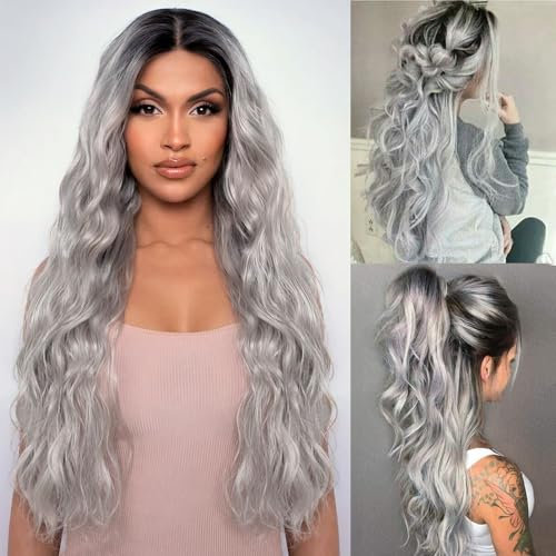PORSMEER Perücke Grau lange gewellt Ombre grau Mittelteil Perücke Frauen dunkle Wurzeln, lockiges synthetisches hitzebeständiges Haar, für Halloween/Party/Cosplay (28 Zoll) (Silberne graue Perücke)