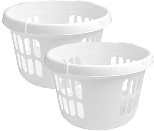 JMS we create smile (Set of 2) - 50L Litre Plastic Round Laundry Basket Washing Clothes - High Grade Linen Storage Basket Tidy Organiser for Bathroom, Laundry Room, Kids Nursery (Ice White)