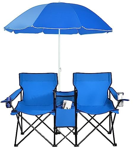 GOPLUS Silla de Camping 2 Plazas con Sombrilla, Sillón Doble con Bolsillo, Portavasos y Bolsa de Transporte, Silla Plegable Portátil para Playa Pesca Barbacoas Picnic (Turquesa)