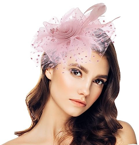 Yolev Fascinators Hat for Women Tea Party Headwear Flower Mesh Headband Wedding Cocktail Hair Clip for Girls and Women (Pink)