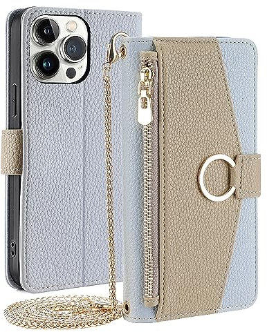 Arseaiy Wallet Case for iPhone XR Flip Phone Case Cover with Crossbody Strap Magnetic Zipper Pocket Makeup Mirror PU Leather Shockproof with Kickstand Shell Blue