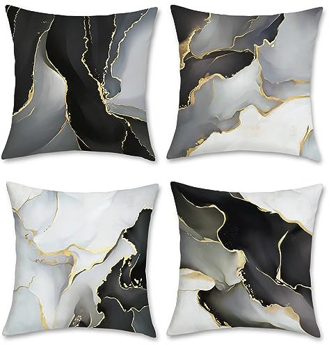 Bonhause Federe per Cuscini Marmo Nero Oro Grigio 45 x 45 cm Copricuscini Decorativi Struttura del Marmo Moderno Velluto Morbido Federa per Cuscino Divano Letto Casa Decorazione Set di 4