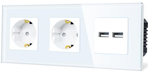 TAWOIA Schuko Wandsteckdose,2 Fach mit Doppelter USB 5V x 3,1A (Max 15W), Kristallglas Rahmen Unterputzdose,Steckdose für,16 A,Steckdose mit USB Weiß,86 * 228 mm