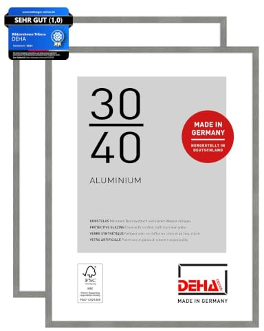 DEHA Design Aluminium Bilderrahmen Tribeca, 30 x 40 cm 2er Set, Grau | Aluminium Fotorahmen im Hoch- & Querformat zum Aufhängen Grau gebürstet bruchsicheres Kunstglas