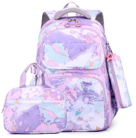 PROTAURI Schulrucksack Mädchen Teenager Kinderrucksack Leichtgewicht 3 Stück Schulranzen Set mit Lunchtasche Federmäppchen für Schule Reisen 3-9 Klasse
