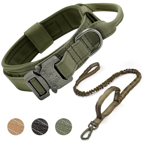 Ledeak Tactical Dog Collar, Padded Breathable Soft Nylon Pet Collar with Heavy-Duty Metal Buckle, Adjustable Basic Military Dog Collar with Handle for Medium Large Dogs (Dog Collar+Dog Leash Green, L)