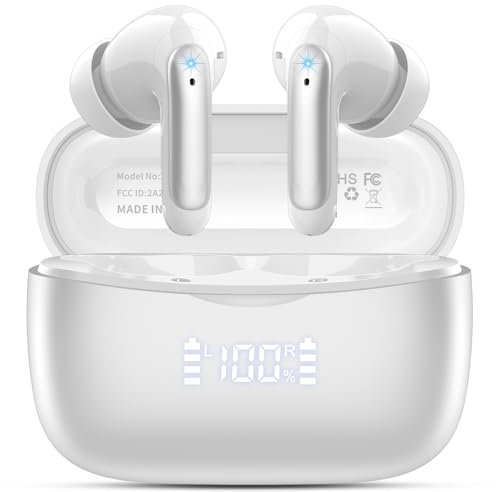 Wireless Earbuds, Bluetooth 5.3 Headphones In Ear with 4 HD microphone, 56H Playtime, HIFI Stereo In Ear Earphones, IPX7 Waterproof Bluetooth Earbuds, LED Display, USB-C, Sport/Work/Leisure/White
