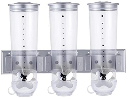 Wall Mount Cereal Dispenser | Snack Storage Container for Pantry with 3 Cups, Wall Mounted Candy Dispenser, Set of 2 Triple Dry Food Dispensers for Rice, Cereal, Flour, and Sugar