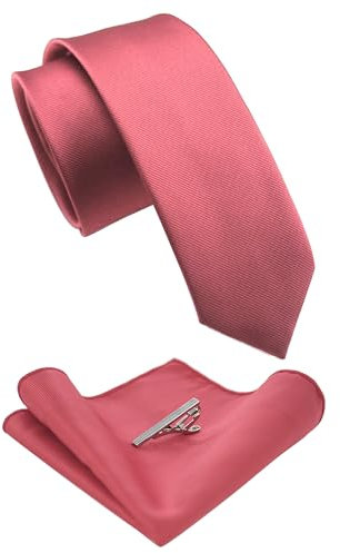 JEMYGINS Schmale Herren Krawatte und Einstecktuch krawattenklammer Set 6cm Korallenrosa