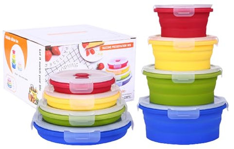 Elegauit Recipientes Plegable Fiambrera, 4 Piezas Cuencos Plegables de Silicona Redondo con Tapas para Microondas, Lavavajillas, Congelador, Herramienta Esencial para Acampar