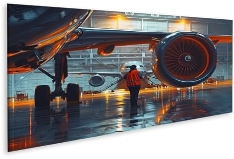 islandburner Prime Bild auf Leinwand Techniker in Hangar mit großen Flugzeugen Detailansicht Triebwerke Nachtarbeit Luftfahrt Bilder Wandbilder Poster