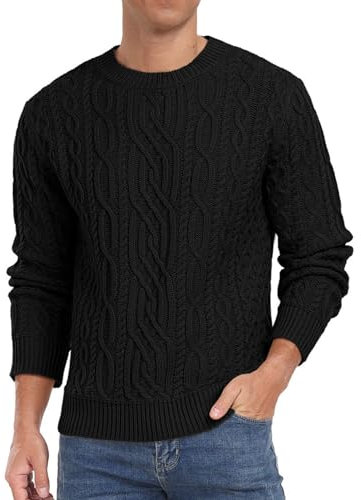 Hisir Mens Cable Knit Jumper UK Crew Neck Winter Jumpers Long Sleeve Pullover Sweater Tops for Men (Black, M)