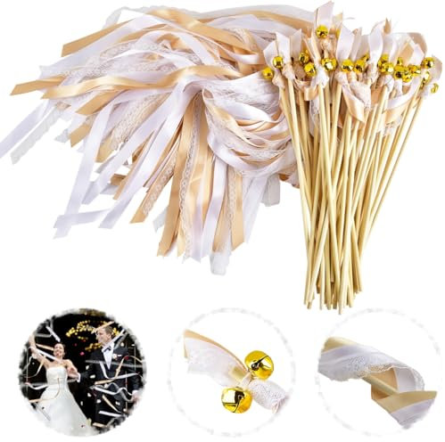 50Stk Wedding Wands Hochzeit Luftschlangen mit Glöckchen, Spalier Hochzeit Glücksstäbe Stäbe Spitze Seidenfeenstab, Zauberstäbe Hochzeit Luftschlangen für Partys Hochzeiten Geburtstage Feiertagsfeiern