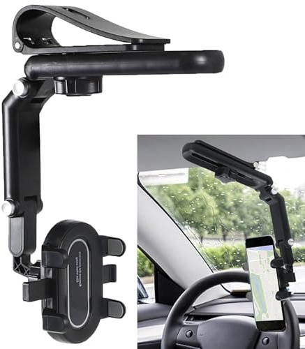 Hbxdeco Sun Visor Car Phone Holder, 360° Rotatable Retractable Car Cell Phone Holder, Adjustable Rearview Mirror Phone Mount Clip for Most Smartphones, Universal Car Accessories (Black)