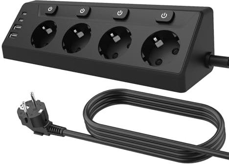 8 in 1 Ecksteckdose Küche, Tischsteckdose mit USB C & USB A, Mehrfachsteckdose mit Schalter, 4 AC Steckdosen, 2 Meter Kabel, Schwarze Steckdosenleiste für Küche & Schreibtisch