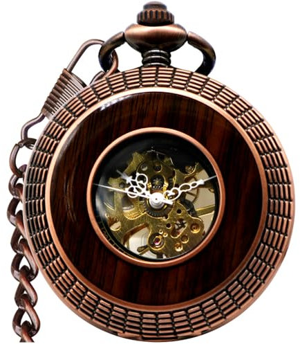 VIGOROSO Mechanische Taschenuhr für Herren, Vintage-Stil, Steampunk, Holzmaserung, hohles Design, mit Kette und Box, Roségold, Retro