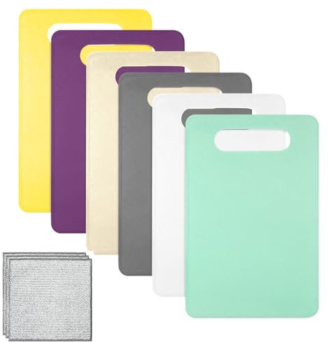 6 Stück Kunststoff Schneidebrett Rutschfest Brettchen BPA Frei Antibakteriell Schneidebretter Set Frühstücksbrettchen Küchenbrett Kunststof 29 x 19cm mit Mehrzweck Draht Geschirrspüllappen