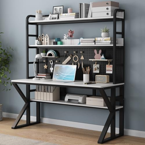 Scrivania moderna per computer con ripiani portaoggetti, pannello forato e superficie di scrittura in legno massello, grande tavolo da lavoro per casa e ufficio, bianco e nero (109,2 cm di larghezza x