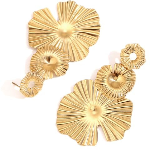 EAVUYIS Gold Blume Blütenblatt Baumeln Ohrringe Lange Lotusblüte Quaste Ohrringe Übertreiben Große Florale Ohrstecker Metall Textur Blume Aussage Ohrringe Brautschmuck Für Frauen Und Mädchen