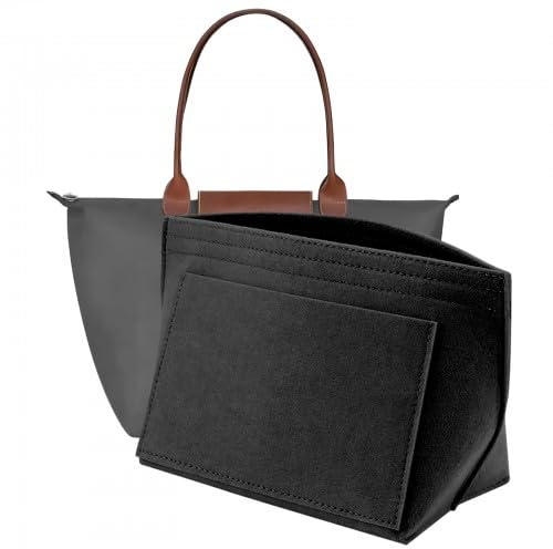 Wisebom Filz Taschenorganizer für Longchamp, Filz-Organizer mit Mehreren Taschen, Tragetasche Organizer, Handtasche Innentasche für Schlüssel Lippenstift Wasserbecher (Schwarz, L)