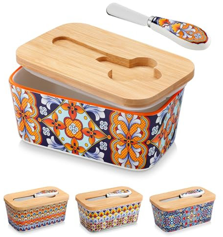 vancasso SIMI Butterdose Keramik, Hochwertige Butterglocke mit Messer und Holzdeckel, Butterdose Porzellan, Böhmischer Butterschale 16.5 x 9.7 x 8cm