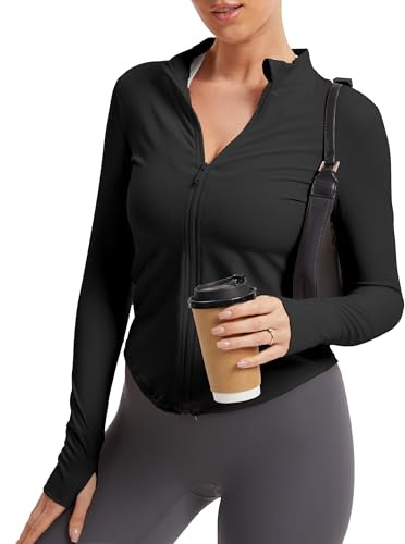 tanzdunsje Laufjacke Sportjacke Damen Enge Langarm,Gym Yoga Pilates Jogging Sportoberteil frauen Trainingsjacke mit Reißverschluss Daumenloch