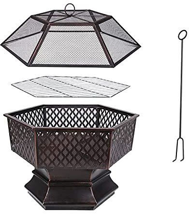 ZJFHEYUO Garten-Holzfeuerstelle, Terrassenkamin, Gartenkamin 2-in-1-Kamin für Lagerfeuer, Grillen in der Natur, mit Grillrost zum Heizen/Feuerschalen für Garten/Strand/Terrasse
