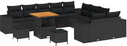 vidaXL Garten-Sofa-Set mit Kissen 13 pcs Schwarz 80 x 80 x 71 cm, Garten- und Terrassenlounge, modernes Outdoor-Sofa, verstellbare Füße, Stauraum für Frühling und Sommer