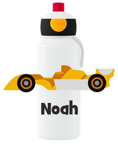 Mepal Personalisierte Trinkflasche mit Namen - Wasserflasche für Kinder Pop-up Campus - Rennwagen - Auslaufsichere Flasche für Schule - BPA-frei & Spülmaschinenfest - 400 ml - Gelbes Rennauto